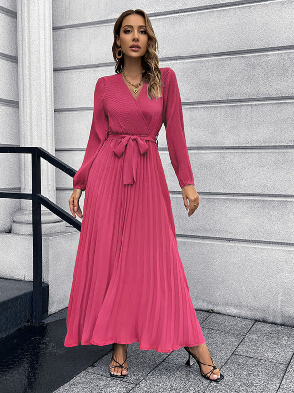V-neck long-sleeved pleated A-line midi dress Rose