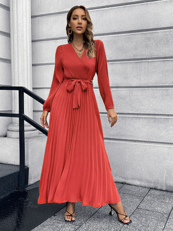 V-neck long-sleeved pleated A-line midi dress Red