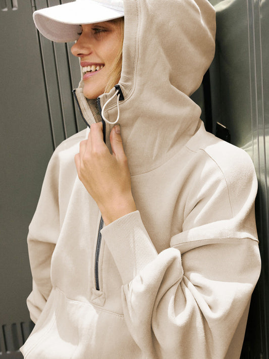 Athletic hoodie drawstring long sleeve top half zip Cracker khaki