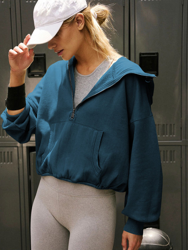 Athletic hoodie drawstring long sleeve top half zip Blue