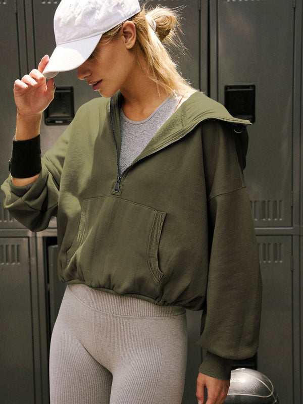 Athletic hoodie drawstring long sleeve top half zip Green