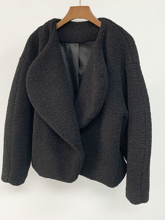 Autumn and winter short silhouette lambs plush coat lapel plush women's wool sweater Black