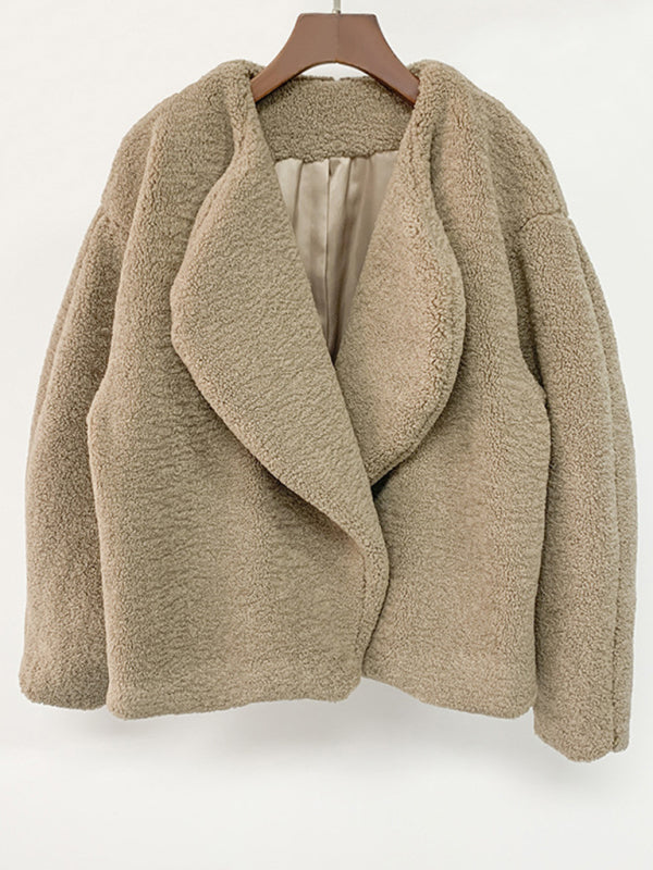 Autumn and winter short silhouette lambs plush coat lapel plush women's wool sweater