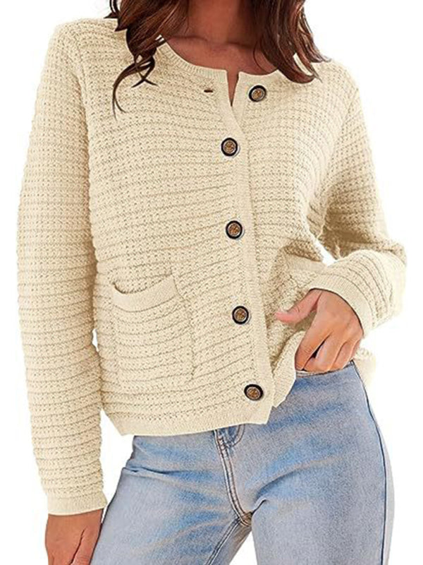 New round neck knitted commuter retro autumn casual cardigan long sleeve women's clothing Cream