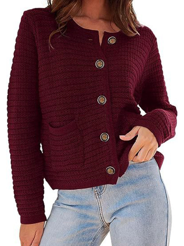 New round neck knitted commuter retro autumn casual cardigan long sleeve women's clothing Brick red