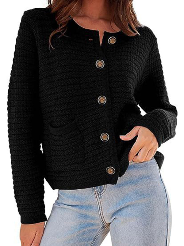 New round neck knitted commuter retro autumn casual cardigan long sleeve women's clothing Black
