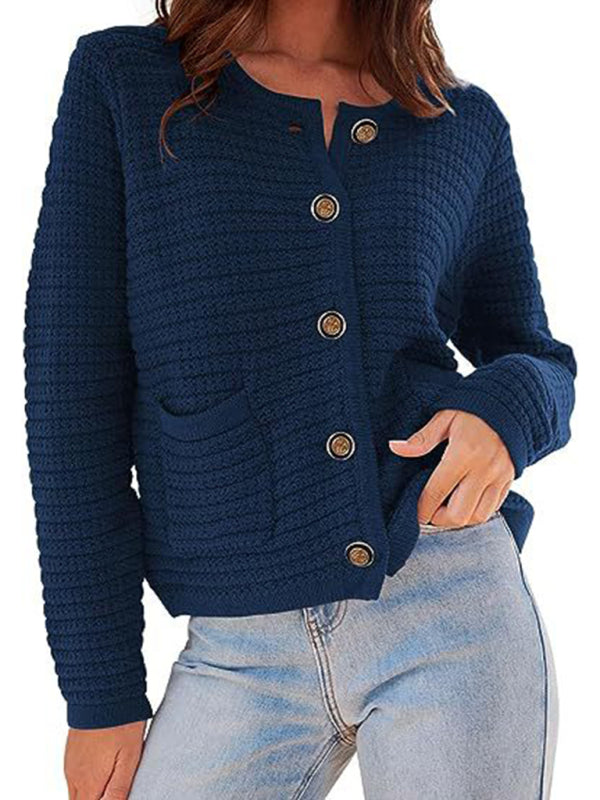 New round neck knitted commuter retro autumn casual cardigan long sleeve women's clothing Purplish blue navy