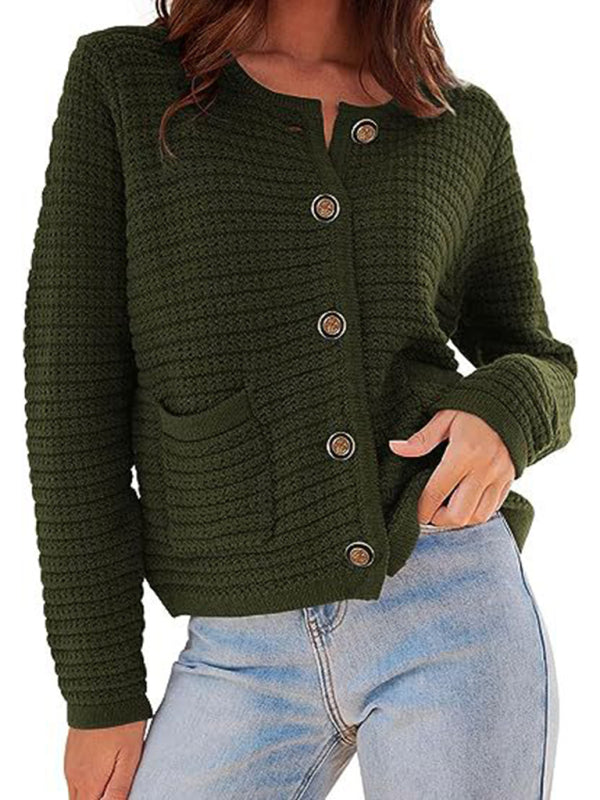 New round neck knitted commuter retro autumn casual cardigan long sleeve women's clothing Deep green