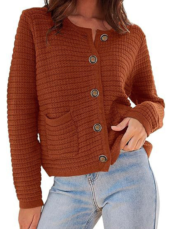 New round neck knitted commuter retro autumn casual cardigan long sleeve women's clothing caramel