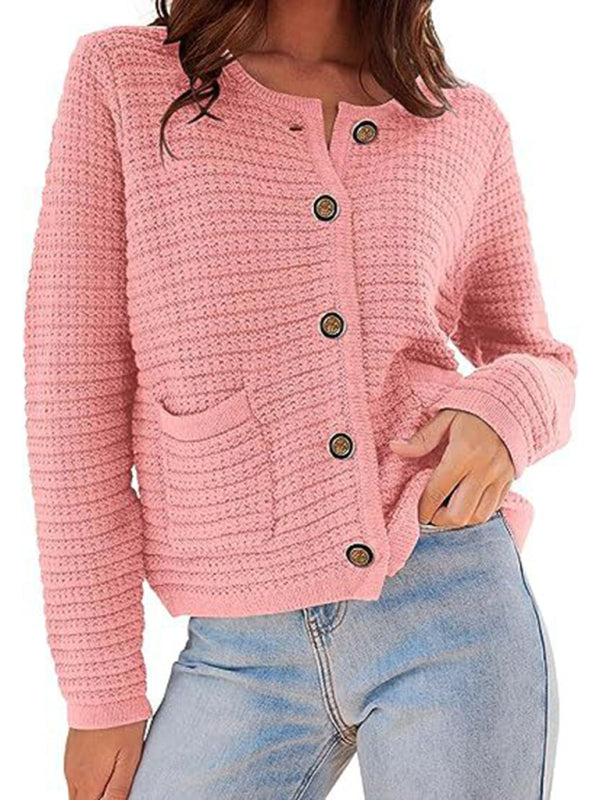 New round neck knitted commuter retro autumn casual cardigan long sleeve women's clothing Peach