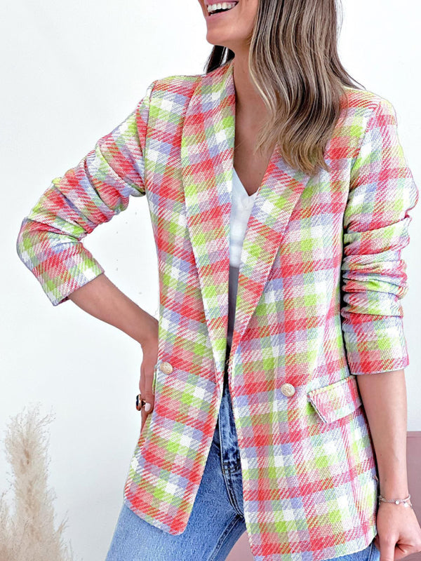 New long sleeve pocket printed plaid slim fit jacket Pink