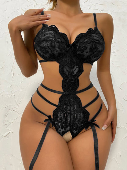 Sensual Hollow Suspender Bodysuit - Christmas Lingerie Black