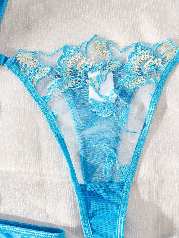Christmas Sexy Lace Embroidered Flower See-Through Underwear and Garter Set