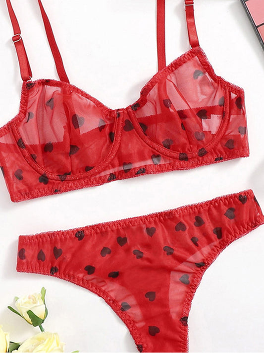Women's New Sexy Love Mesh Underwear Set Red
