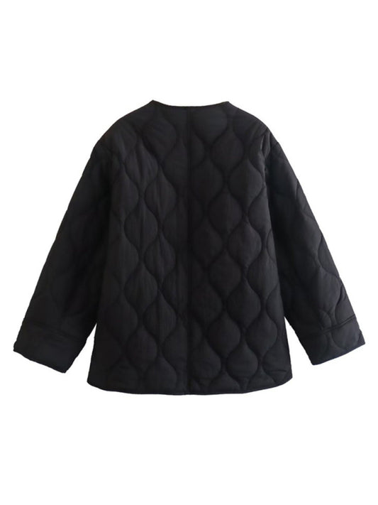 Women's fashionable round neck loose rhombus cotton coat with extended thread Black