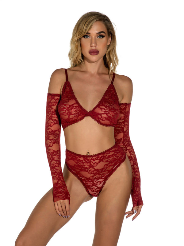 Sexy Lace Pajamas Set with Gloves Dark Red