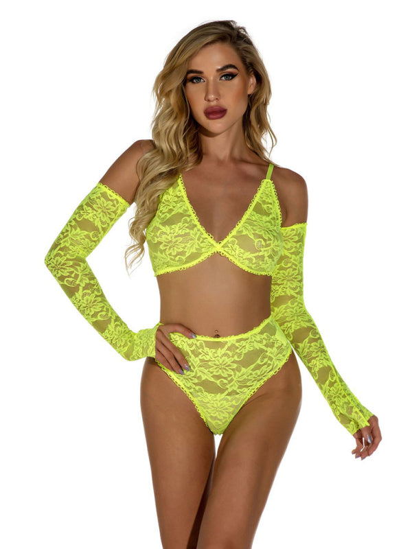 Sexy Lace Pajamas Set with Gloves Yellow