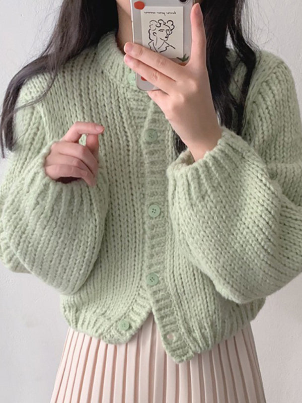 women's short thickened sweater cardigan Green FREESIZE