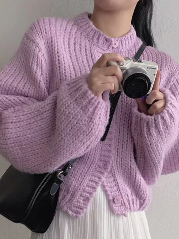 women's short thickened sweater cardigan Purple FREESIZE