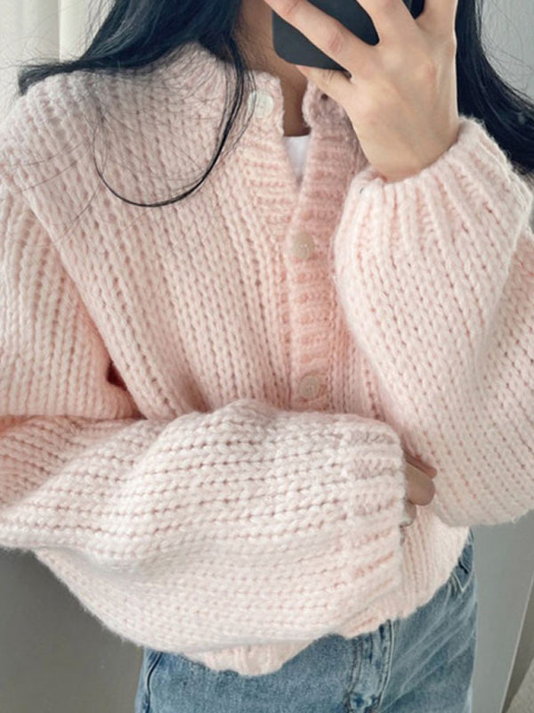 women's short thickened sweater cardigan Pink FREESIZE