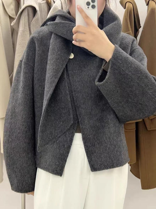 Women's short double-sided cashmere coat with scarf Grey