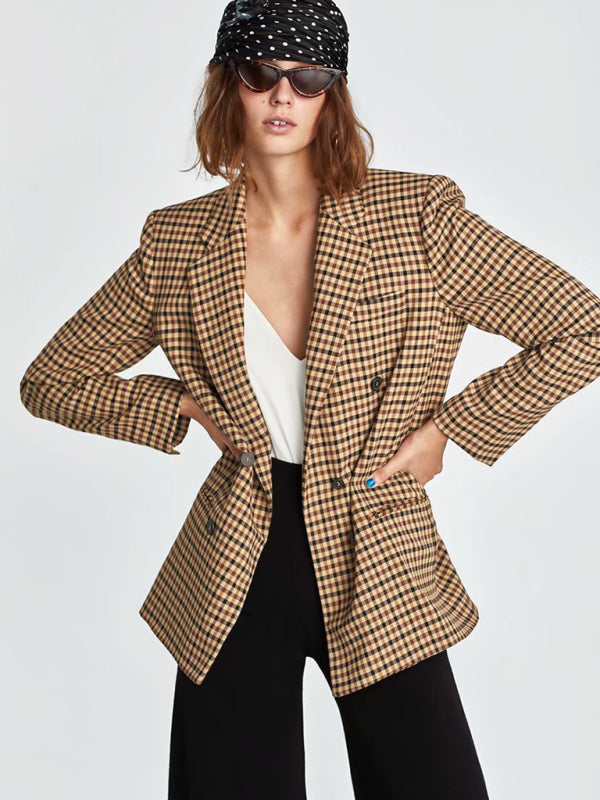 New women's suit plaid small suit jacket Coffee