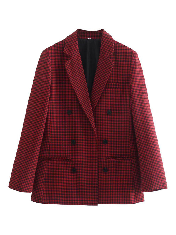 New women's suit plaid small suit jacket Dark red