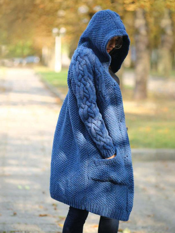 Women's hooded single-breasted long-sleeved sweater cardigan Blue