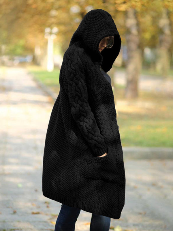 Women's hooded single-breasted long-sleeved sweater cardigan Black