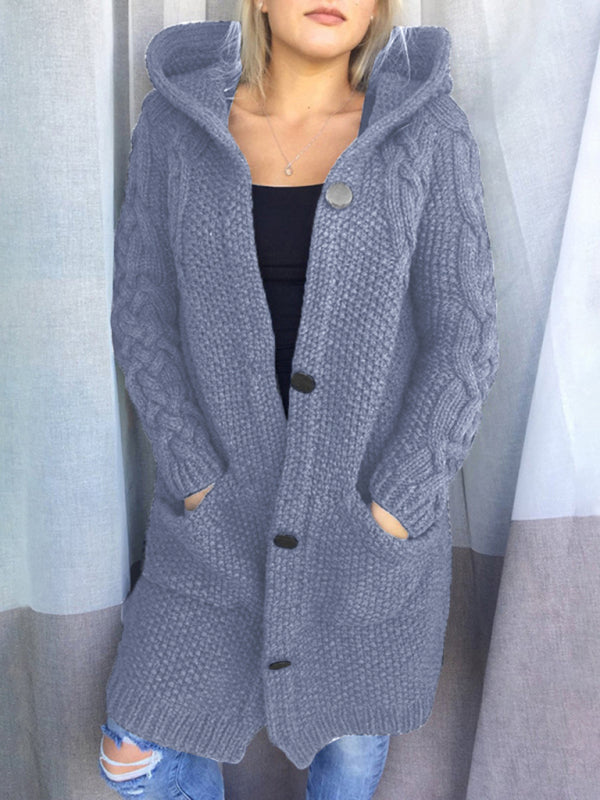Women's hooded single-breasted long-sleeved sweater cardigan Grey