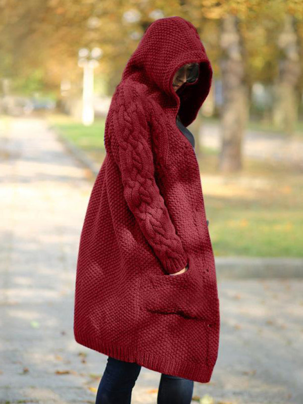 Women's hooded single-breasted long-sleeved sweater cardigan Wine Red