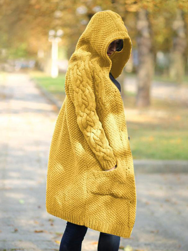 Women's hooded single-breasted long-sleeved sweater cardigan Yellow