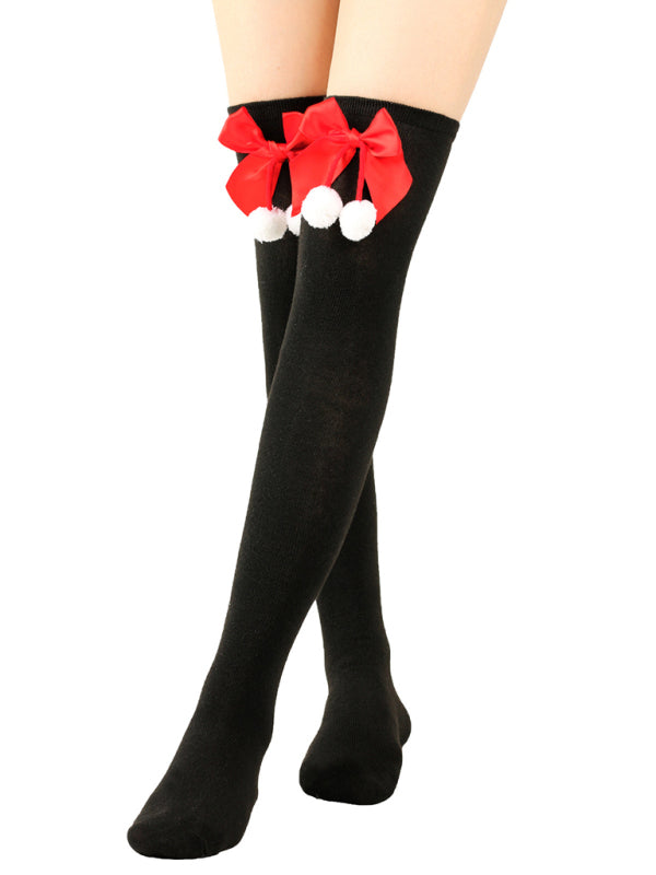 Christmas Over-the-Knee Striped Socks with Bow for Women Black FREESIZE