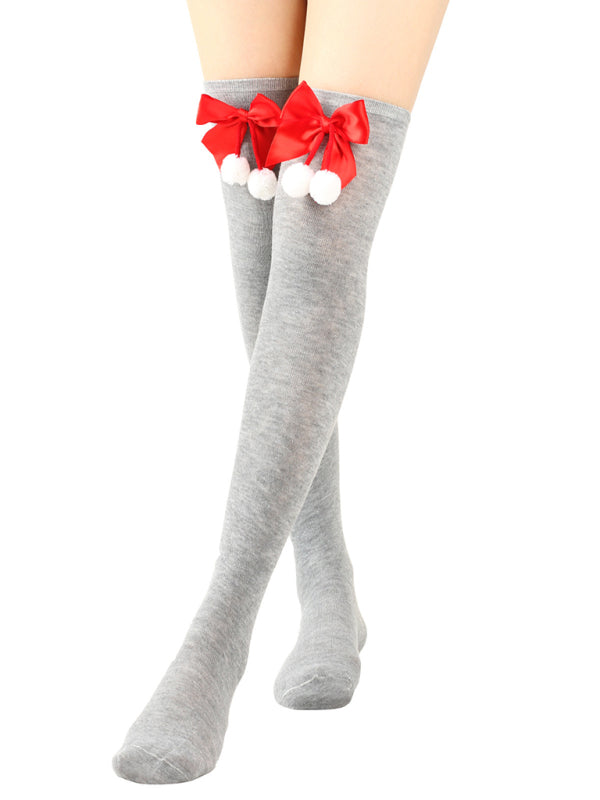 Christmas Over-the-Knee Striped Socks with Bow for Women Grey FREESIZE