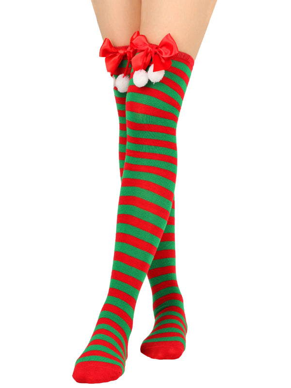 Christmas Over-the-Knee Striped Socks with Bow for Women Green FREESIZE
