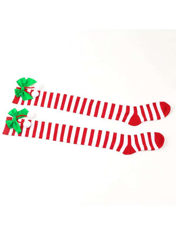 Christmas Over-the-Knee Striped Socks with Bow for Women