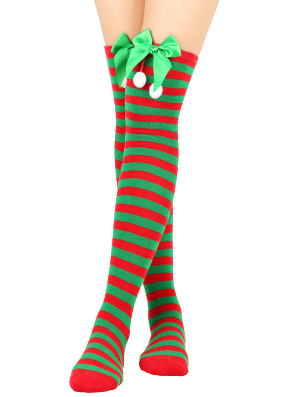 Christmas Over-the-Knee Striped Socks with Bow for Women Pattern FREESIZE