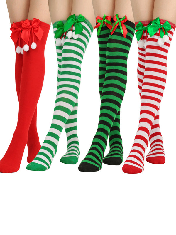 Christmas Over-the-Knee Striped Socks with Bow for Women Red FREESIZE