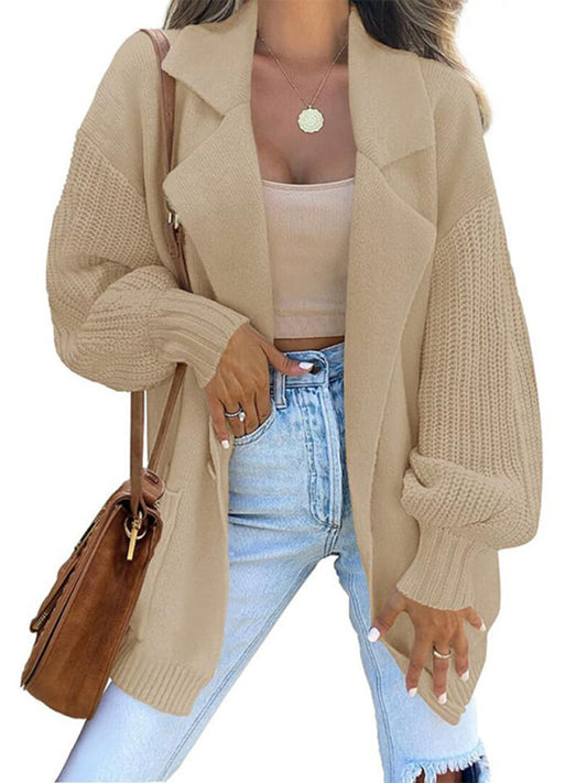 Women's suit collar long sleeve knitted jacket cardigan Khaki