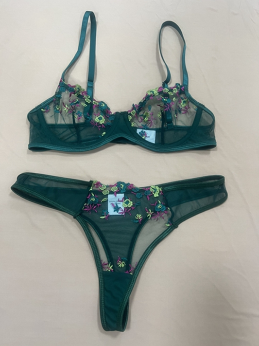 New women's sexy see-through floral lingerie set Green black jasper