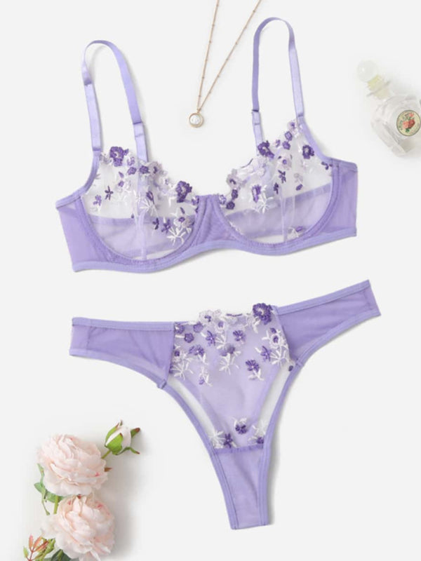 New women's sexy see-through floral lingerie set Purple