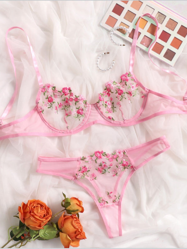 New women's sexy see-through floral lingerie set Pink