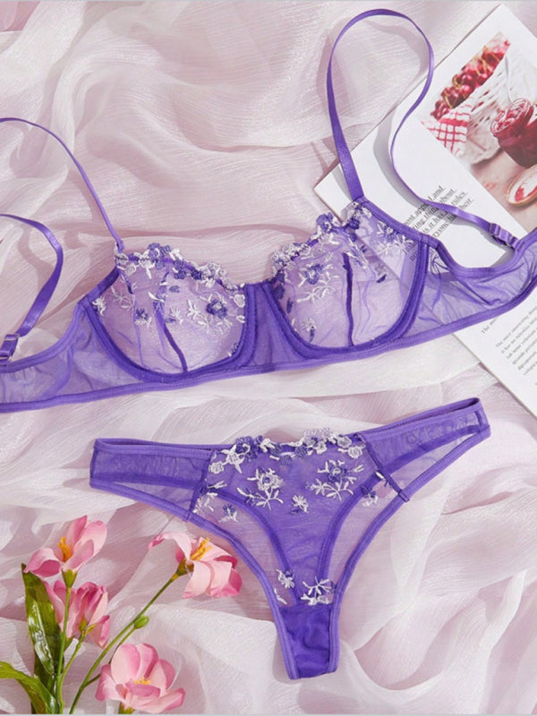 New women's sexy see-through floral lingerie set Violet