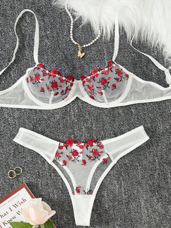 New women's sexy see-through floral lingerie set White