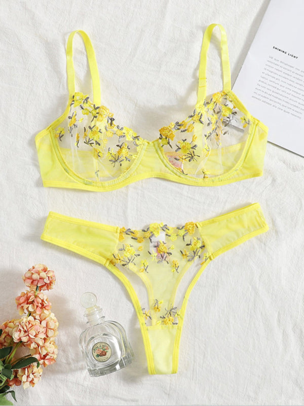 New women's sexy see-through floral lingerie set Yellow