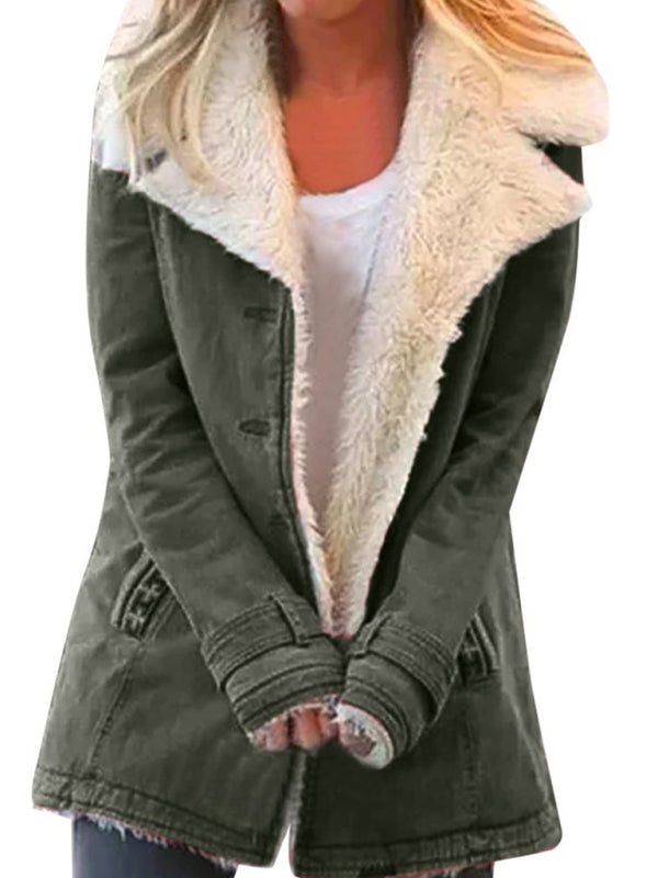 Autumn and winter solid color plush lapel mid-length coat Olive green