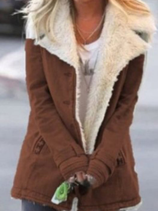 Autumn and winter solid color plush lapel mid-length coat Brown