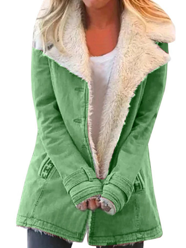 Autumn and winter solid color plush lapel mid-length coat Grass green