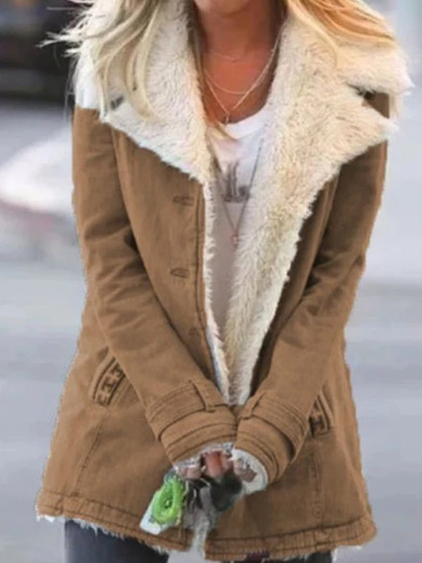Autumn and winter solid color plush lapel mid-length coat Khaki