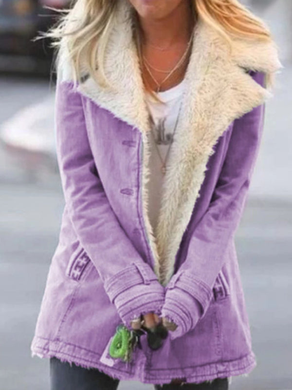 Autumn and winter solid color plush lapel mid-length coat Purple